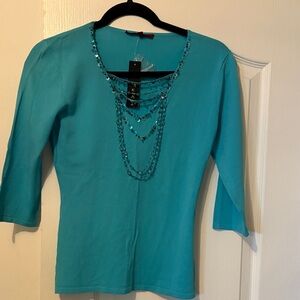 Zokia Teal Women's Knit Top with Embellished Neckline
